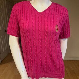 VTG 90'S LAUREN RALPH LAUREN CABLE KNIT SHORT SLEEVE HOT PINK SWEATER SZ L